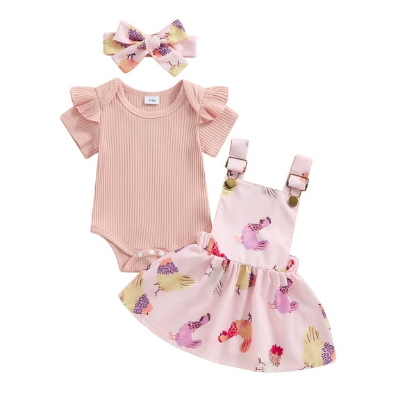 Musuos Baby Girl Summer Skirt Set 0-18 Months Solid Color Ribbed Knit Rompers Suspender Skirts Headband 3Pcs Cute Clothes Set
