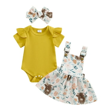 Musuos Baby Girl Summer Skirt Set 0-18 Months Solid Color Ribbed Knit Rompers Suspender Skirts Headband 3Pcs Cute Clothes Set