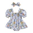 thumbnail image 1 of Musuos Baby Girl Sweet Romper Dress 3 6 9 12 18 24Months Fruit/Flower Print Ruched Short Sleeve Bodysuit with Cute Headband Set Summer Clothes, 1 of 10