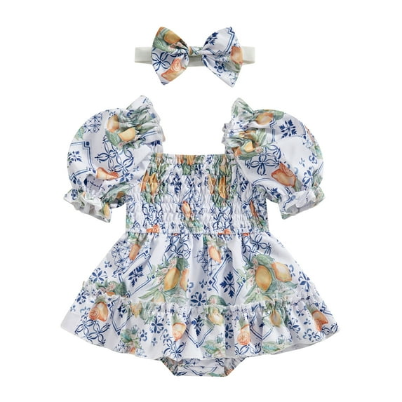Musuos Baby Girl Sweet Romper Dress 3 6 9 12 18 24Months Fruit/Flower Print Ruched Short Sleeve Bodysuit with Cute Headband Set Summer Clothes