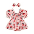 thumbnail image 1 of Musuos Baby Girl Sweet Romper Dress 3 6 9 12 18 24Months Fruit/Flower Print Ruched Short Sleeve Bodysuit with Cute Headband Set Summer Clothes, 1 of 10