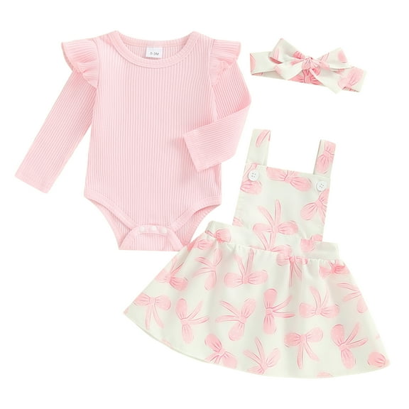 Musuos Baby Girl Sweet Style Skirt Set, 3M 6M 12M 18M Long Sleeve Ribbed Romper Bow Print Suspender Skirt Tie Headband Fall Outfit