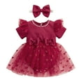 thumbnail image 1 of Musuos Baby Girl Valentine's Day Jumpsuit with Bow Headband 3 6 12 18 24M Short Sleeve Tulle Mesh Ribbed Patchwork Romper Dress, 1 of 10