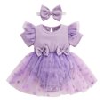 thumbnail image 1 of Musuos Baby Girl Valentine's Day Jumpsuit with Bow Headband 3 6 12 18 24M Short Sleeve Tulle Mesh Ribbed Patchwork Romper Dress, 1 of 10