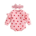 thumbnail image 1 of Musuos Baby Girl Valentine´s Day Outfits 3 6 12 18M Ruffle Long Sleeve Heart Print Romper with Headband Set Infant Clothes, 1 of 10