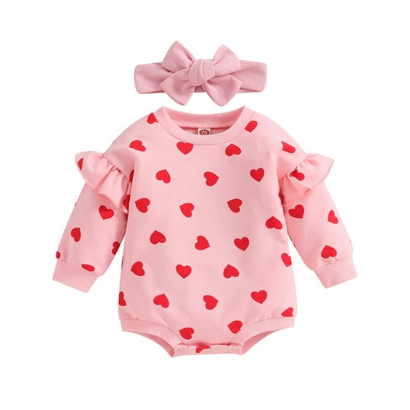 Musuos Baby Girl Valentine´s Day Outfits 3 6 12 18M Ruffle Long Sleeve Heart Print Romper with Headband Set Infant Clothes