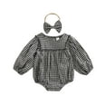 thumbnail image 1 of Musuos Baby Girl’s Long Sleeve Romper  Headband 3 6 12 18M Fashion Plaid Printed Round Neck Stitching Bodysuit, 1 of 9