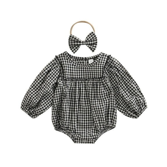 Musuos Baby Girl’s Long Sleeve Romper Headband 3 6 12 18M Fashion Plaid Printed Round Neck Stitching Bodysuit