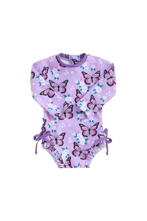 Baby Girl’s Swimwear, 6 12 18 24M 3T Long Sleeve Flower Butterfly Print Bow Summer Swimming Bathing Swimsuit