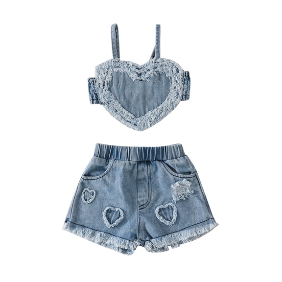 Musuos Baby Girls 2-Piece Denim Outfit 3 6 9 12 18 24Months Sleeveless Heart Camisole and Elastic Ripped Short Jeans Summer Clothing