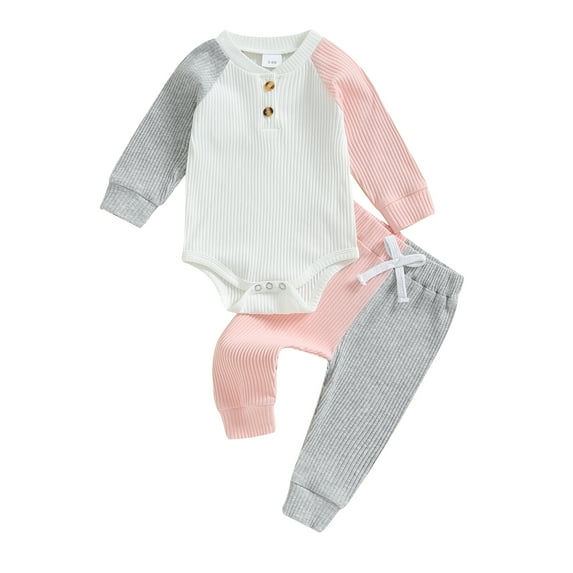Musuos Baby Girls 2 Piece Outfit 0-18Months Contrast Color Raglan Sleeves Romper and Elastic Pants Warm Clothes Set