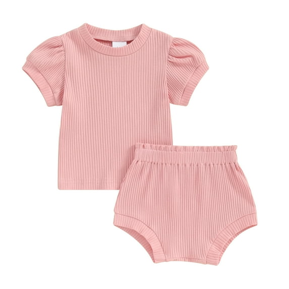 Musuos Baby Girls 2 Piece Outfit 6 12 18 24M Solid Color Ribbed Short Sleeve T-Shirt and Elastic Shorts Set Cute Summer Clothes