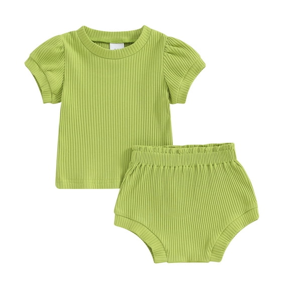 Musuos Baby Girls 2 Piece Outfit 6 12 18 24M Solid Color Ribbed Short Sleeve T-Shirt and Elastic Shorts Set Cute Summer Clothes