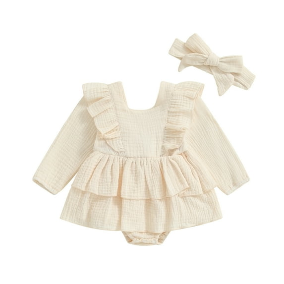 Musuos Baby Girls 2 Piece Outfits 0-18M Solid Color Ruffles Long Sleeve Romper Dress and Cute Headband Set for Toddler Infant