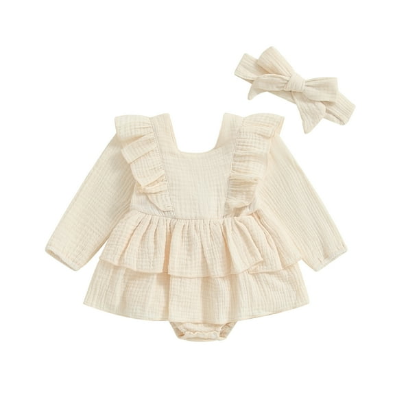 Musuos Baby Girls 2 Piece Outfits 0-18M Solid Color Ruffles Long Sleeve Romper Dress and Cute Headband Set for Toddler Infant