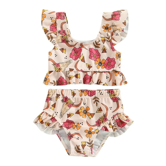 Musuos Baby Girls 2Pieces Bikini Set, 6 9 12 18 24M 3Y Flower/Bull Head Print Fly Sleeve Tops with Elastic Waist Briefs Bathing Swimsuit