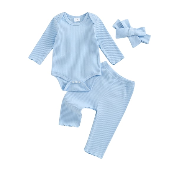 Musuos Baby Girls 3 Piece Basic Fall Outfit 3M 6M 12M 18M Solid Color Ribbed Long Sleeves Romper and Elastic Pants Headband Set
