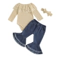 thumbnail image 1 of Musuos Baby Girls 3 Piece Outfits 6 9 12 18 24M Lace Patchwork Off-Shoulder Romper and Elastic Denim Flared Pants Headband Set, 1 of 9