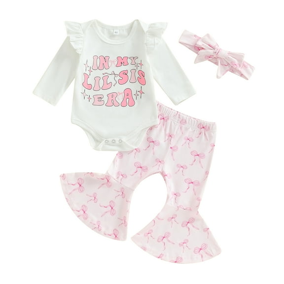 Musuos Baby Girls 3Pcs Fall Outfits 0-18M Long Sleeve Romper + Bow Print Pants + Headband Set Infant Clothes