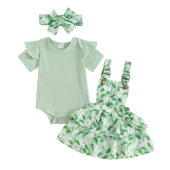 Musuos Baby Girls 3Pcs Spring Outfits 3 6 12 18 24M Short Sleeve Romper + Floral Suspender Skirt + Headband Set Newborn Clothes