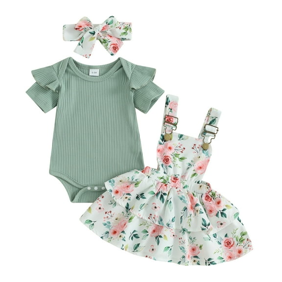 Musuos Baby Girls 3Pcs Spring Outfits 3 6 12 18 24M Short Sleeve Romper + Floral Suspender Skirt + Headband Set Newborn Clothes