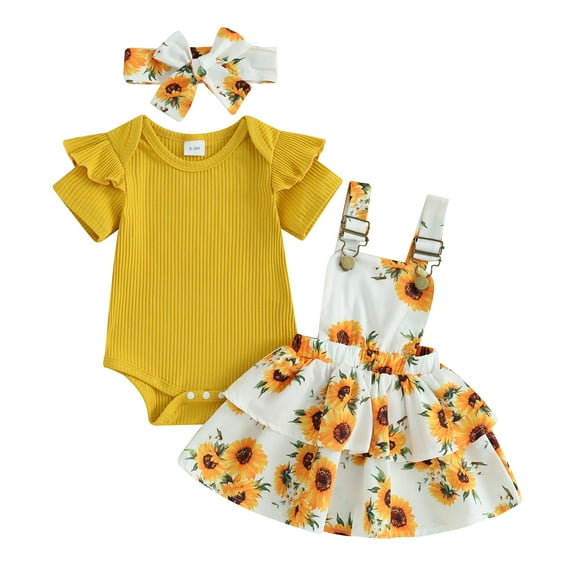 Musuos Baby Girls 3Pcs Spring Outfits 3 6 12 18 24M Short Sleeve Romper + Floral Suspender Skirt + Headband Set Newborn Clothes