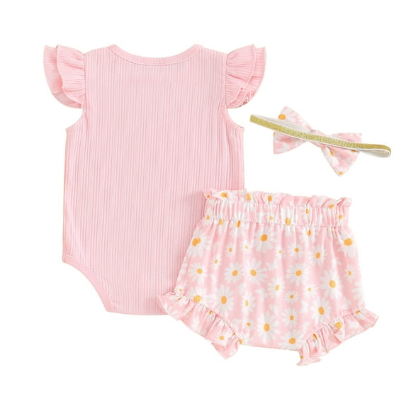 Musuos Baby Girls 3Pcs Summer Outfit 3 6 9 12 18Months Fly Sleeve Crew Neck Romper + Bow Front Shorts + Headband Set Cute Clothes