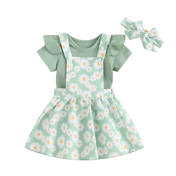 Musuos Baby Girls 3Pcs Summer Outfits 3 6 12 18 24Months Short Sleeve Crew Neck Romper + Daisy Suspender Skirt + Headband Set