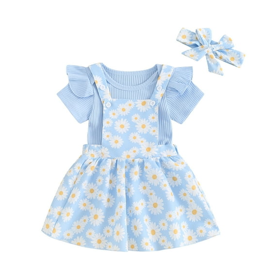 Musuos Baby Girls 3Pcs Summer Outfits 3 6 12 18 24Months Short Sleeve Crew Neck Romper + Daisy Suspender Skirt + Headband Set