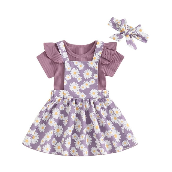 Musuos Baby Girls 3Pcs Summer Outfits 3 6 12 18 24Months Short Sleeve Crew Neck Romper + Daisy Suspender Skirt + Headband Set
