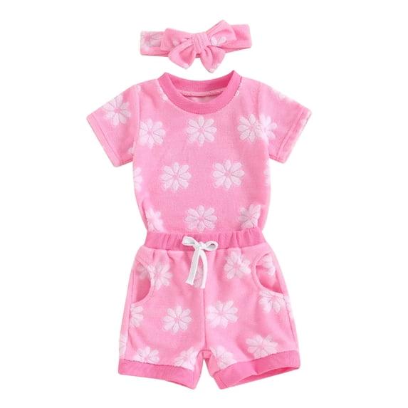 Musuos Baby Girls 3Pcs Summer Outfits 6 12 18 24M 3Y Short Sleeve Daisy Pattern T-shirt + Drawstring Shorts + Headband Set Casual Clothing for Toddler