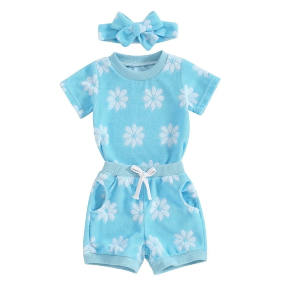 Musuos Baby Girls 3Pcs Summer Outfits 6 12 18 24M 3Y Short Sleeve Daisy Pattern T-shirt + Drawstring Shorts + Headband Set Casual Clothing for Toddler