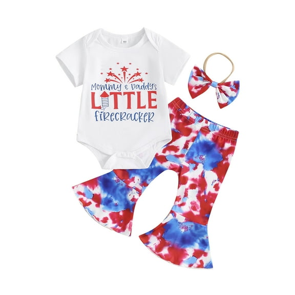 Musuos Baby Girls 4th of July Outfit 3 6 12 18M Letter Print Short Sleeves Romper and Tie-Dye Flare Pants Headband 3 Piece Clothes