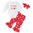 thumbnail image 1 of Musuos Baby Girls Autumn Outfit Sets 3 6 12 18M White Long Sleeve Letter Print Romper + Heart Print Flared Pants + Headband, 1 of 9