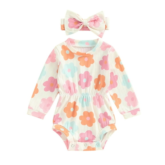 Musuos Baby Girls Autumn Romper 0-18Months Long Sleeve O Neck Floral Print Casual Romper with Headband