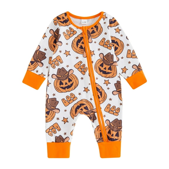 Musuos Baby Girls Boys Halloween Rompers3M 6M 12M Pumpkin/Cow Print Crew Neck Long Sleeve Newborn Fall Bodysuits
