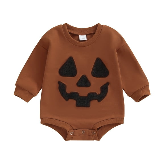 Musuos Baby Girls Boys Halloween Sweatshirts Rompers 3M 6M 12M 18M Pumpkin Face Patch Long Sleeve Crewneck Fall Bodysuits for Infant