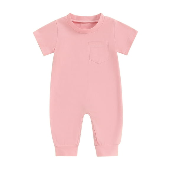Musuos Baby Girls Boys Romper 3 6 12 18M Solid Color Short Sleeve Crew Neck Jumpsuits with Pocket Summer Casual Clothes