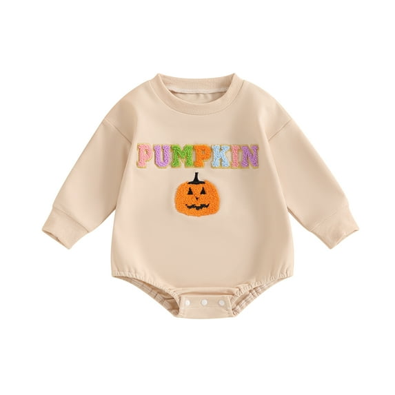 Musuos Baby Girls Casual Romper 3 6 12 18 Months Long Sleeve Crewneck Letter Pumpkin Embroidery Halloween Clothes Tops