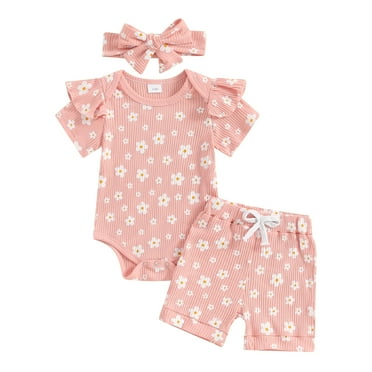 Musuos Baby Girls Casual Shorts Set, 3M 6M 12M 18M Flower Print Short Sleeve Crew Neck Romper with Shorts and Hairband Summer Outfit