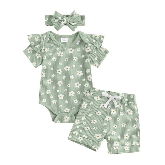 Musuos Baby Girls Casual Shorts Set, 3M 6M 12M 18M Flower Print Short Sleeve Crew Neck Romper with Shorts and Hairband Summer Outfit
