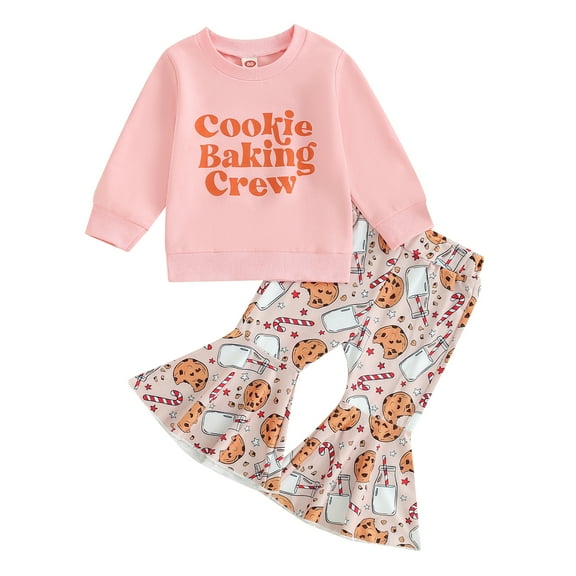 Musuos Baby Girls Christmas Outfits 12 18 24M 3 4T Long Sleeve Letter Print Sweatshirt and Cookies Print Flared Pants Set