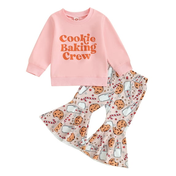 Musuos Baby Girls Christmas Outfits 12 18 24M 3 4T Long Sleeve Letter Print Sweatshirt and Cookies Print Flared Pants Set