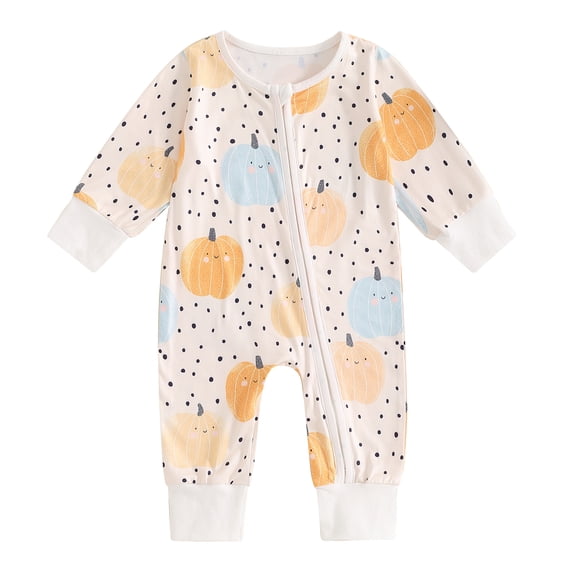 Musuos Baby Girls Cute Jumpsuit, 0-12Months Long Sleeve Crew Neck Flower/Pumpkin/Bow Print Zipper Closure Casual Romper Clothes