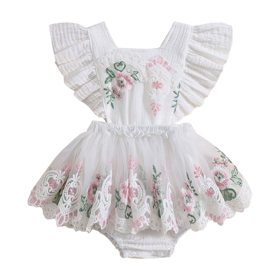 Musuos Baby Girls Cute Romper Dress, 3 6 12 18 24Months Fly Sleeve Embroidery Flower Lave Patchwork Bodysuit Infant Summer Clothes