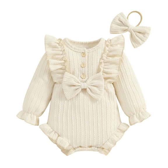 Musuos Baby Girls Cute Ruffle Romper 3M 6M 9M 12M Long Sleeve Crew Neck Button Up Bodysuit with Headband for Fall Infant Clothes