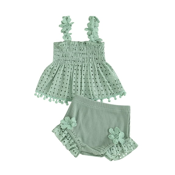 Musuos Baby Girls Cute Summer Outfit 0-18Months Cutout Pleated Tank Tops and Stretch Ruffle Shorts Solid Color Clothes Set