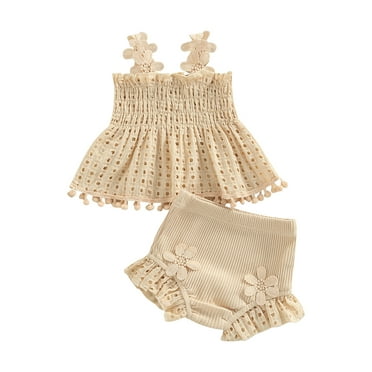 Musuos Baby Girls Cute Summer Outfit 0-18Months Cutout Pleated Tank Tops and Stretch Ruffle Shorts Solid Color Clothes Set