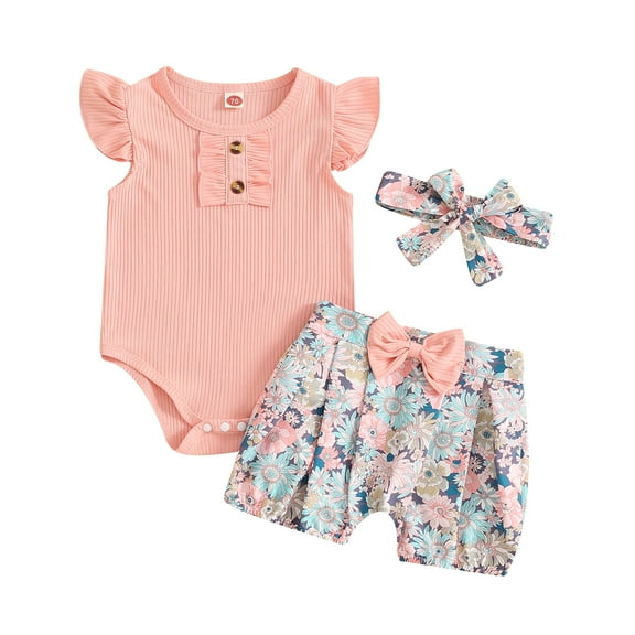 Musuos Baby Girls Cute Summer Outfit, 3M 6M 12M 18M Fly Sleeve Romper with Flower Print Shorts and Hairband 3 Piece Set