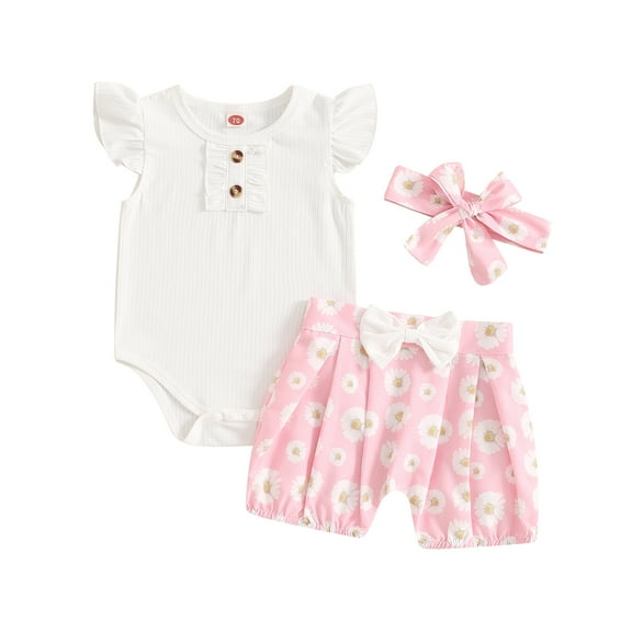 Musuos Baby Girls Cute Summer Outfit, 3M 6M 12M 18M Fly Sleeve Romper with Flower Print Shorts and Hairband 3 Piece Set